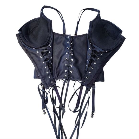 VTG Black Satin Shirley Of Hollywood Lace Up Corset with Garters 38B-D - Picture 8 of 15